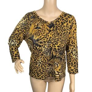Vtg 80s Anna Gray Leopard Print Big Cat V-neck Lightweight Sweater Women’s XL